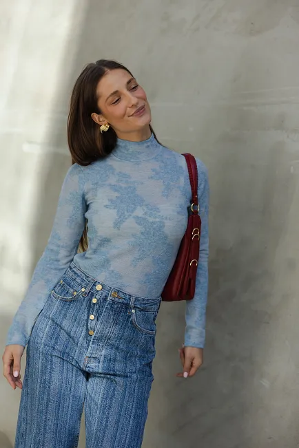 Ganni Sheer Flower Jacquard Mockneck Blissful Blue genser 3