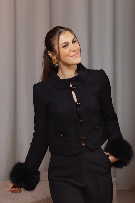 Self-Portrait Boucle Faux Fur Cuff Jacket Black blazer 3