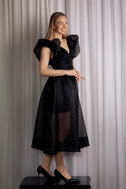 GANNI Flocked Organza Long Ruched Dress Black kjole 2