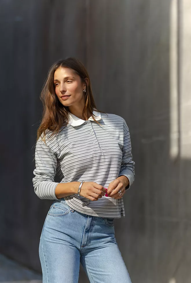 My Essential Wardrobe Klara MW LS Polo Blouse Peal Blue Striped genser 2