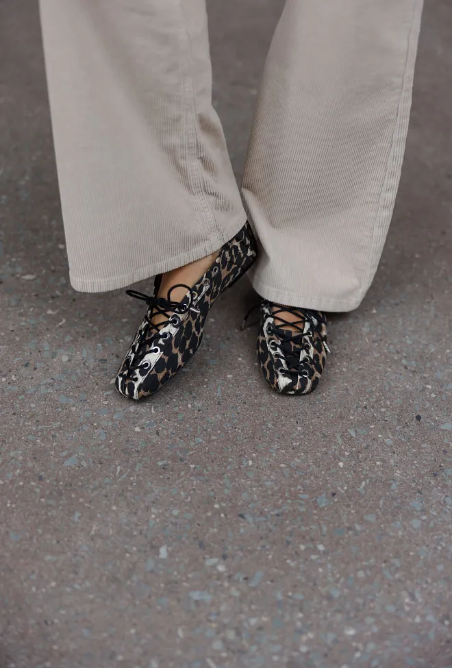 GANNI Lace Up Ballerina Denim Print Leopard ballerinasko