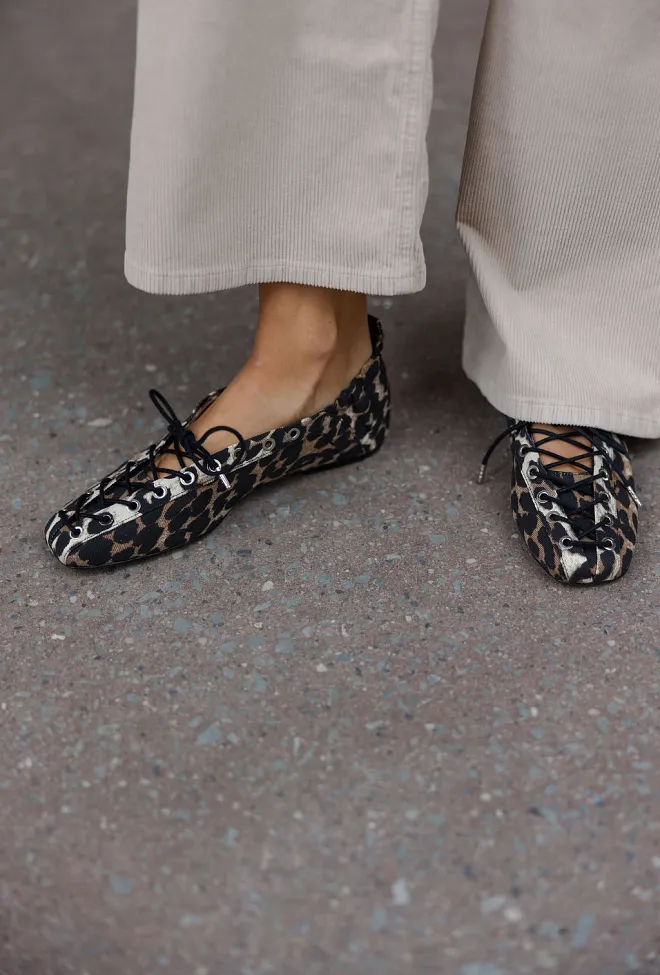 GANNI Lace Up Ballerina Denim Print Leopard ballerinasko 3