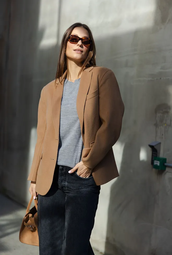 Anine Bing Quinn Blazer Camel Cashmere Blend 
