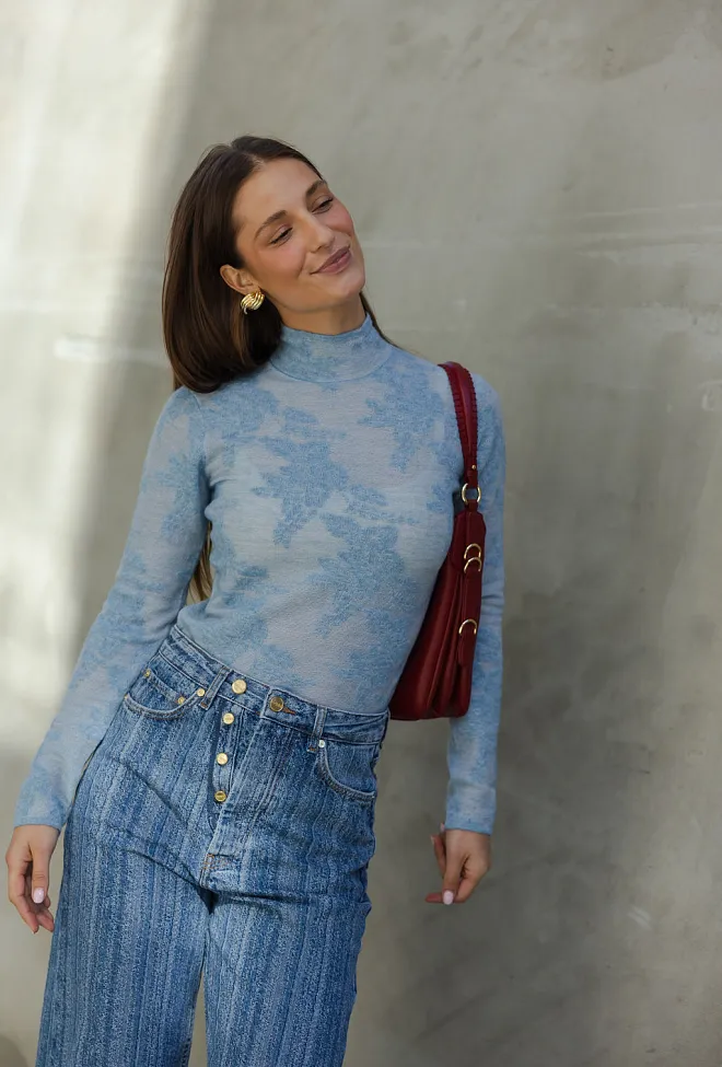 Ganni Sheer Flower Jacquard Mockneck Blissful Blue genser 3