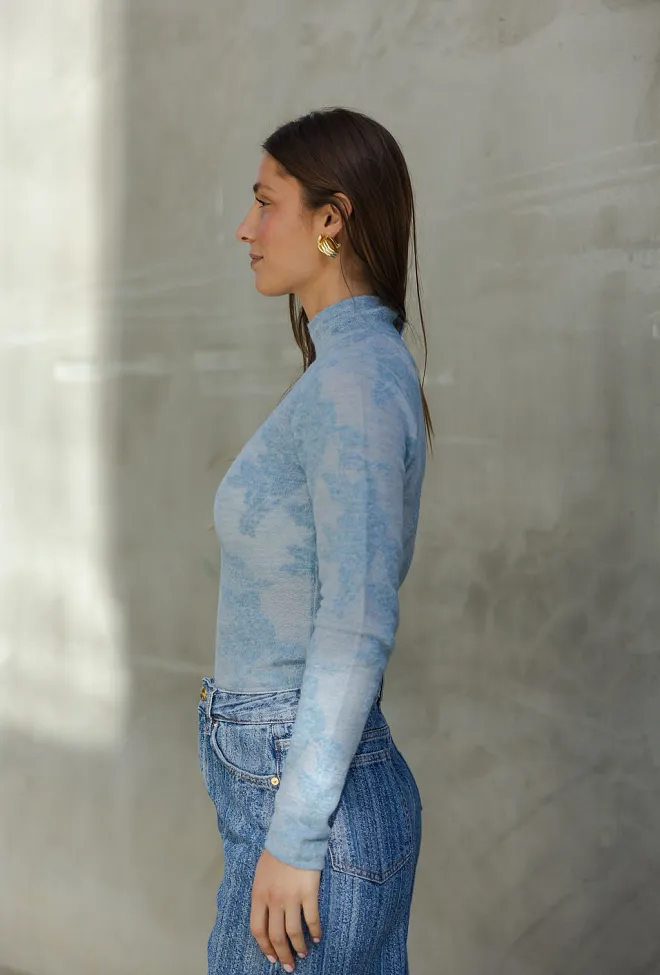 Ganni Sheer Flower Jacquard Mockneck Blissful Blue genser 8