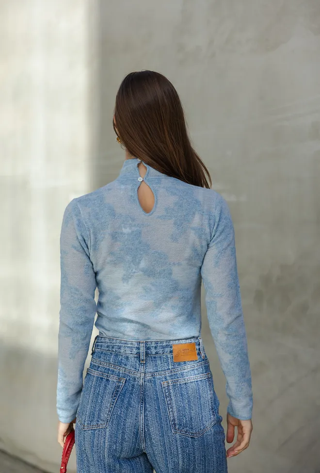 Ganni Sheer Flower Jacquard Mockneck Blissful Blue genser 9