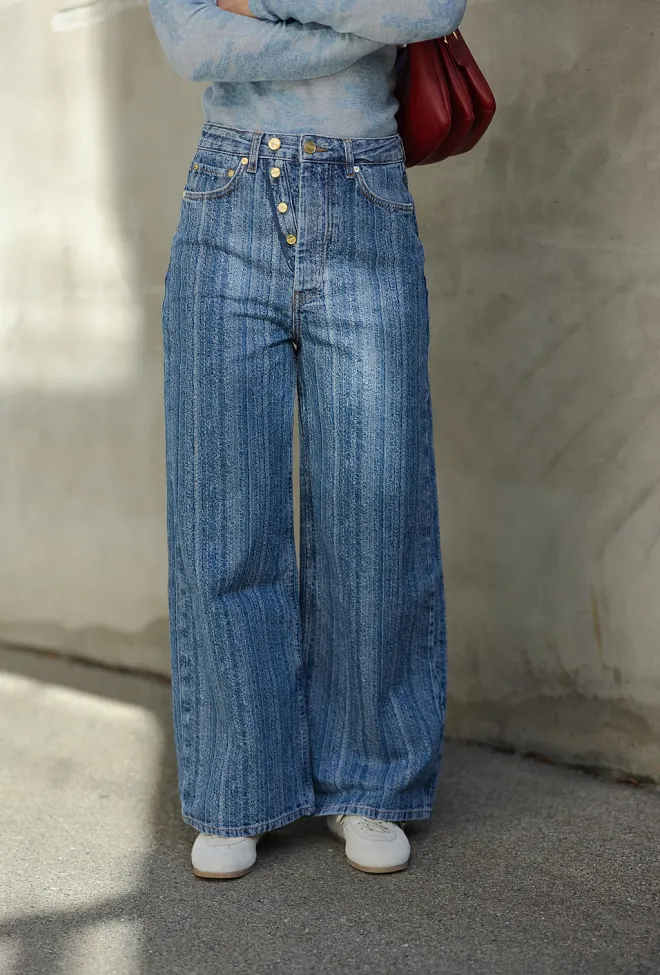 ganni Structured Denim Double Fly Baggy Jeans Mid Blue Stone 