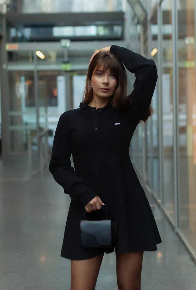 Rotate Slinky Knit Polo Dress Black kjole 2