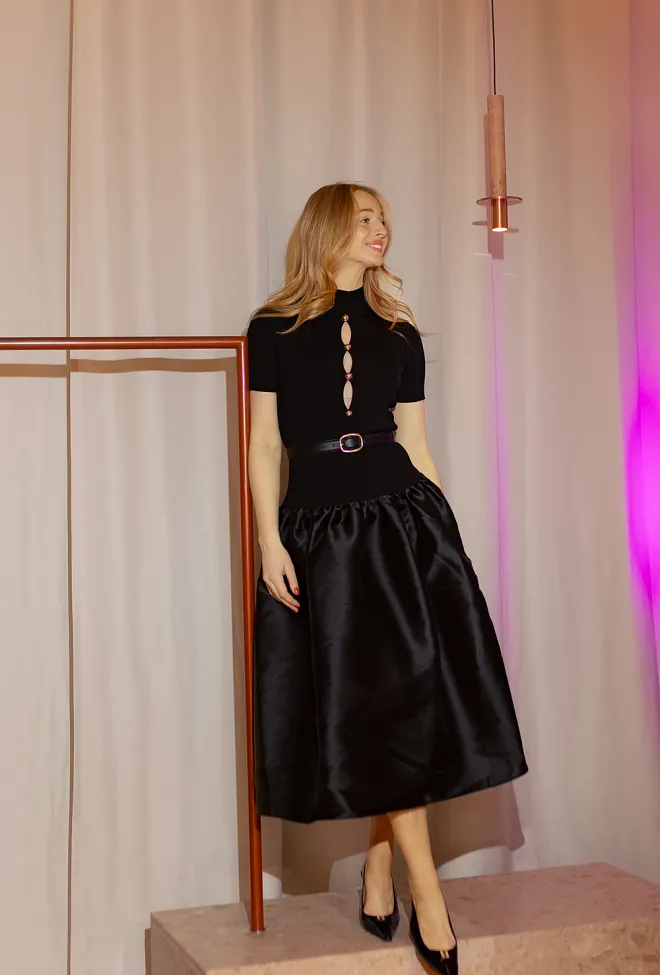 Self-Portrait Knit Taffeta Midi Dress Black midikjole