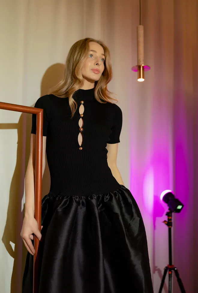Self-Portrait Knit Taffeta Midi Dress Black midikjole 2