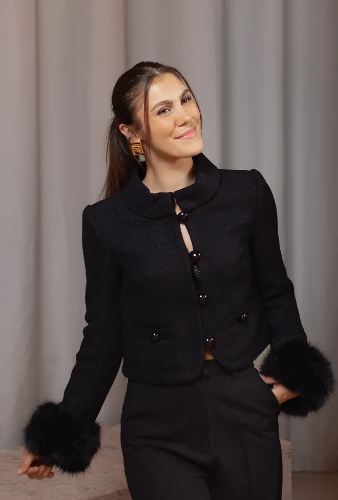 Self-Portrait Boucle Faux Fur Cuff Jacket Black blazer 3