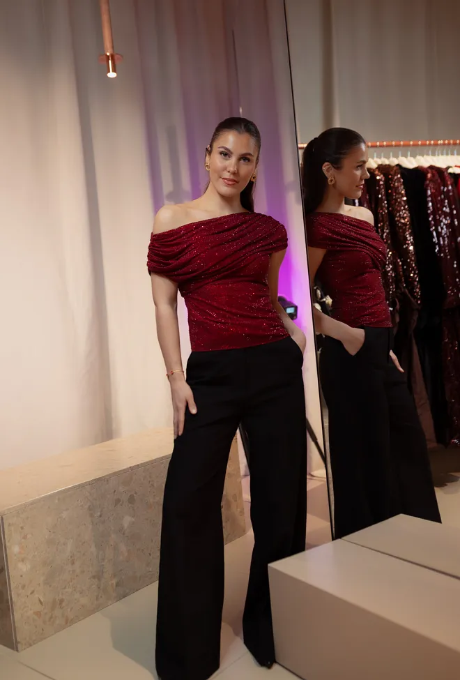 Self-portrait Rhinestone Drape Top Burgundy topp 2