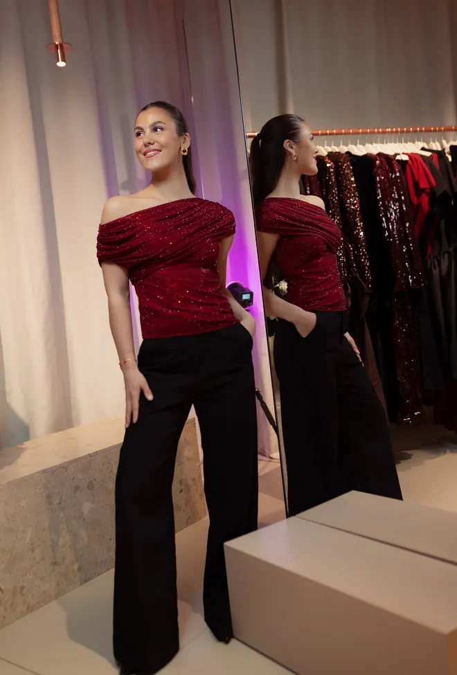 Self-portrait Rhinestone Drape Top Burgundy topp 6