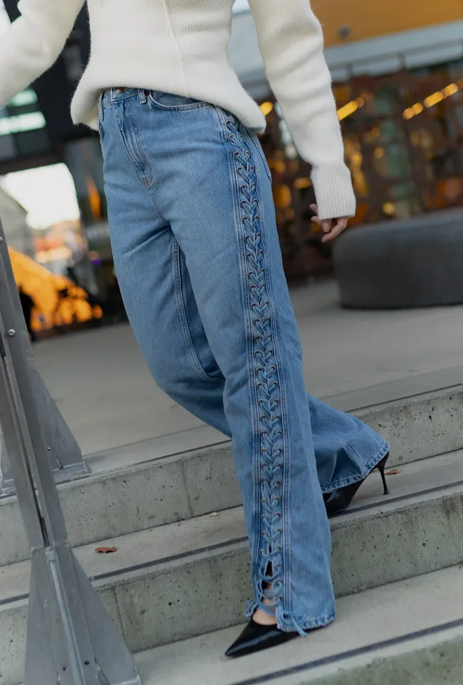 Rotate Twisted Lacing Jeans Hydrangea Blue denim