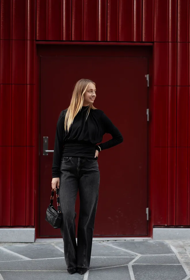 ROTATE Ruched Ls Top Black topp 6