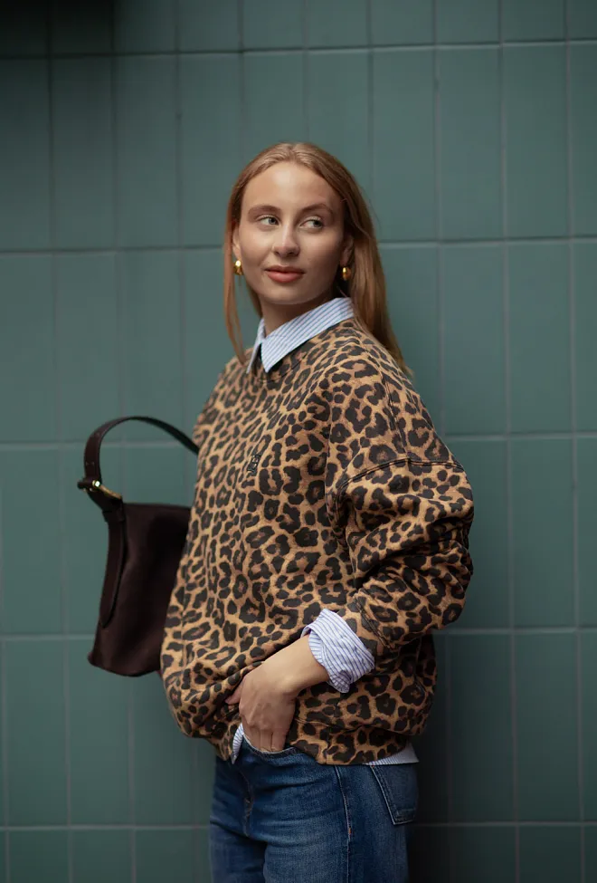 Anine Bing Miles Sweatshirt Black And Brown Leopard collegegenser 11