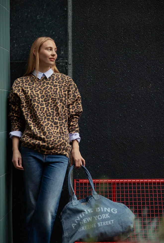 Anine Bing Miles Sweatshirt Black And Brown Leopard collegegenser 9