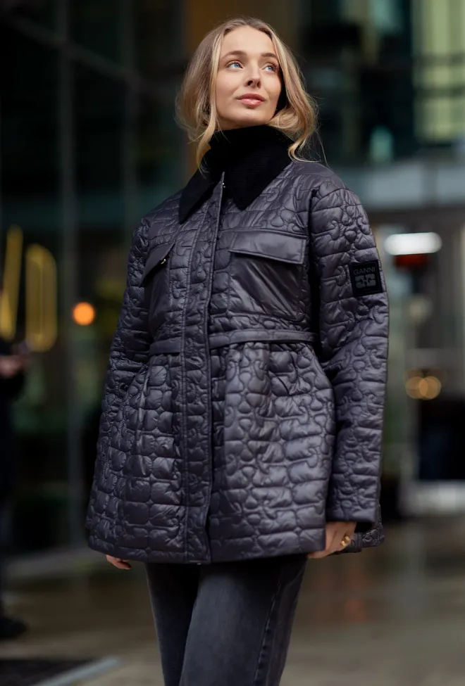 GANNI Shiny Quilt Midi Jacket W Flare Phantom jakke