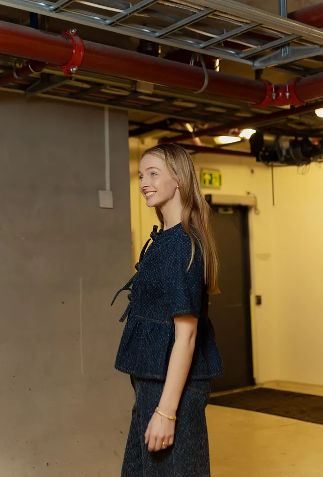 GANNI Tweed Denim Peplum Blouse Rinse topp 3