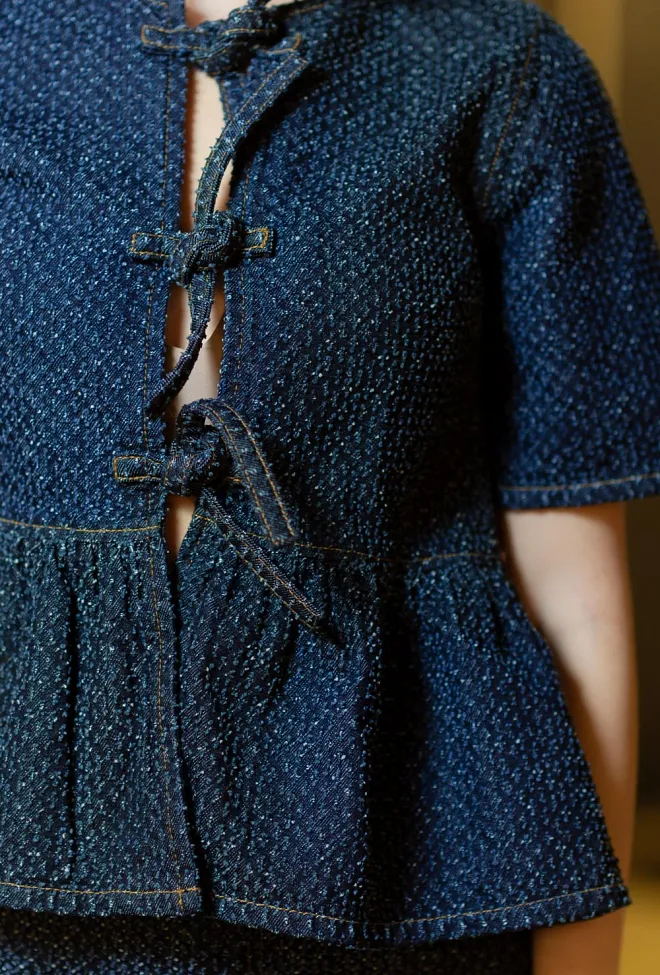 GANNI Tweed Denim Peplum Blouse Rinse topp 5