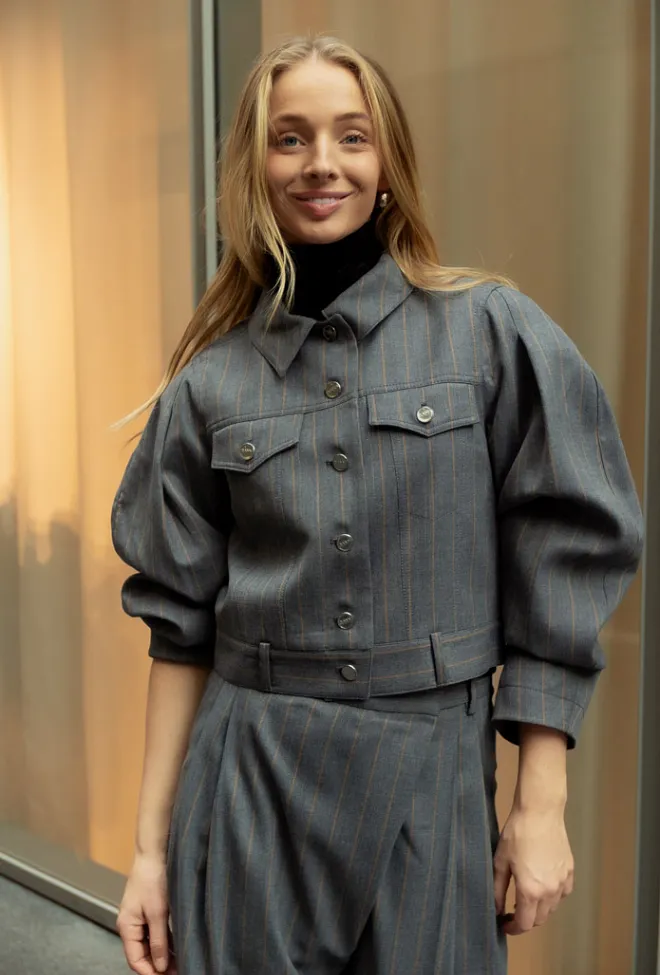 GANNI Brushed Wool Stripe Jacket Pewter jakke