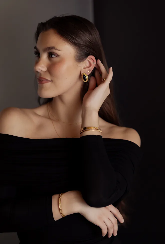 Hiiil studio jewelry Braided Oval Earrings Black Stone øredobber 6
