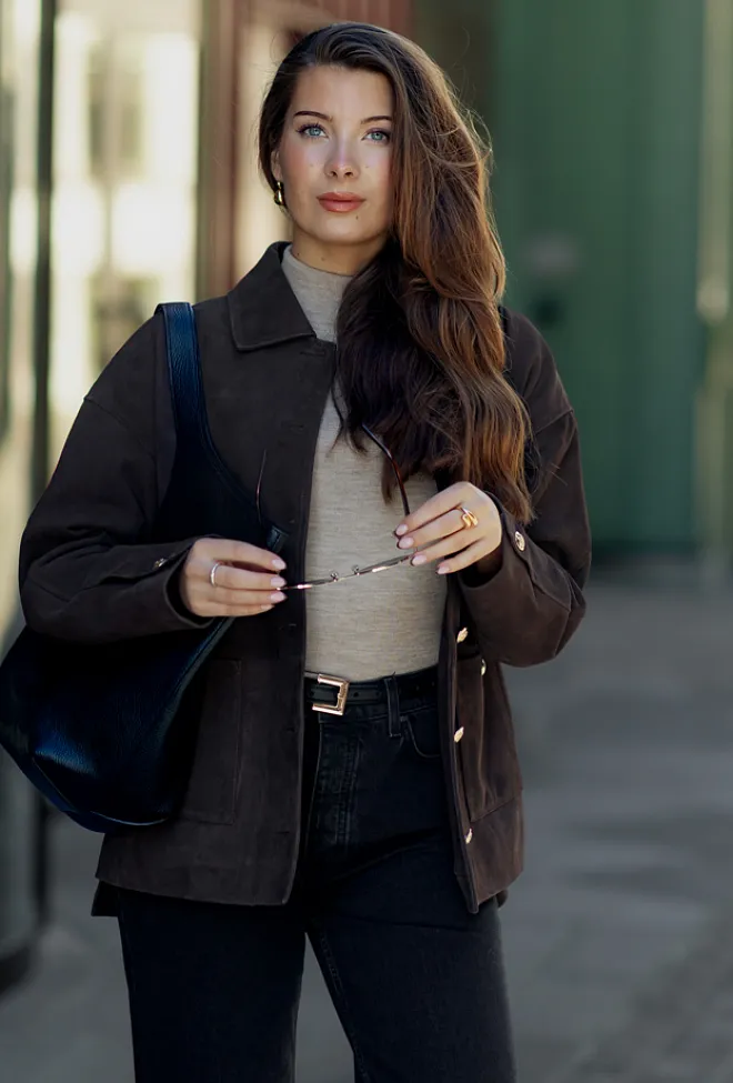 Anine Bing Luca Suede Jacket Deep Brown semsket skinnjakke 6