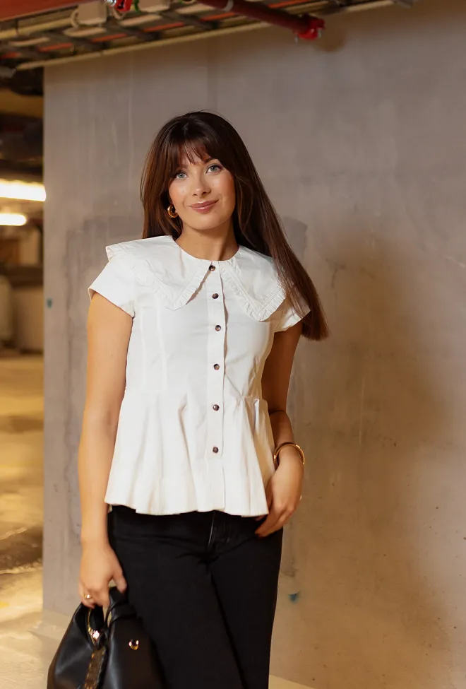 GANNI Stretch Cotton Peter Pan Collar Shirt Bright White topp