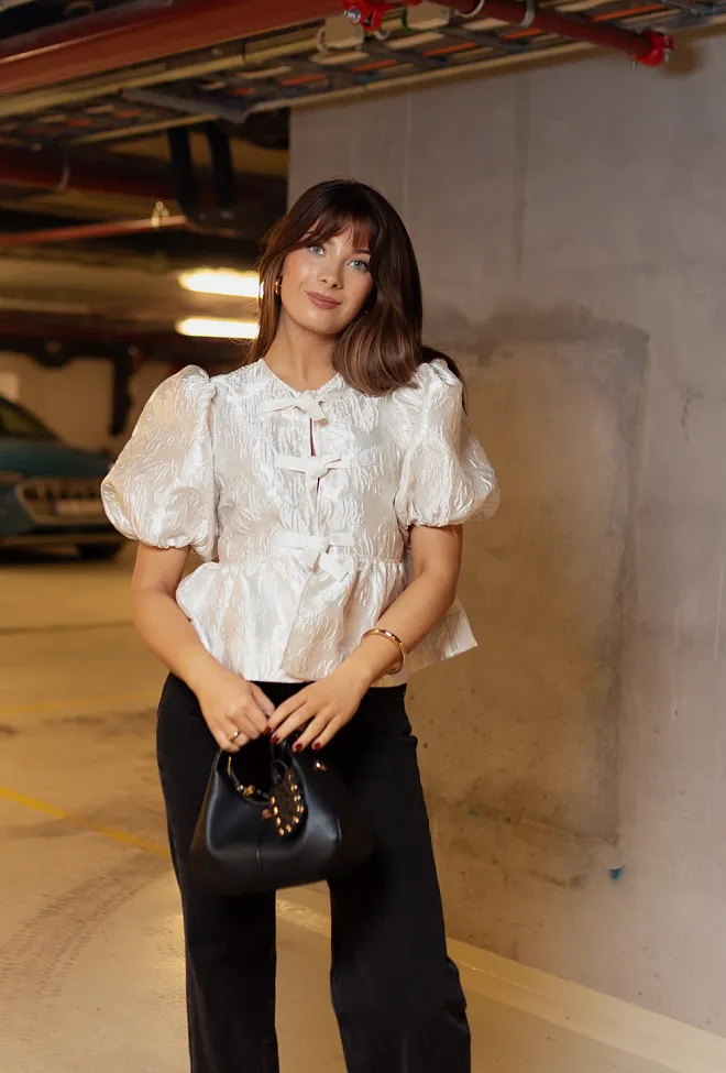 GANNI Satin Cloque Peplum Blouse Egret bluse