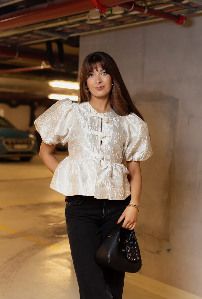GANNI Satin Cloque Peplum Blouse Egret bluse 5
