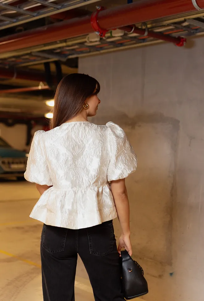 GANNI Satin Cloque Peplum Blouse Egret bluse 6