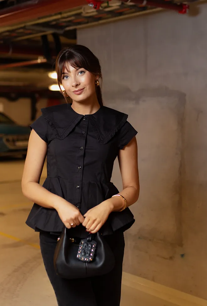 GANNI Stretch Cotton Peter Pan Collar Shirt Black topp 3