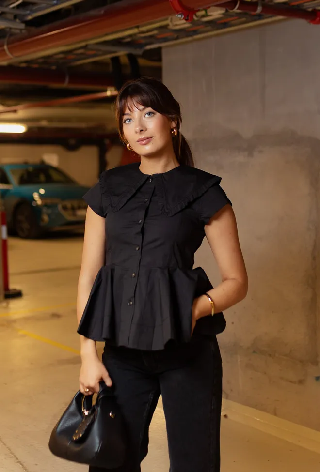 GANNI Stretch Cotton Peter Pan Collar Shirt Black topp 6