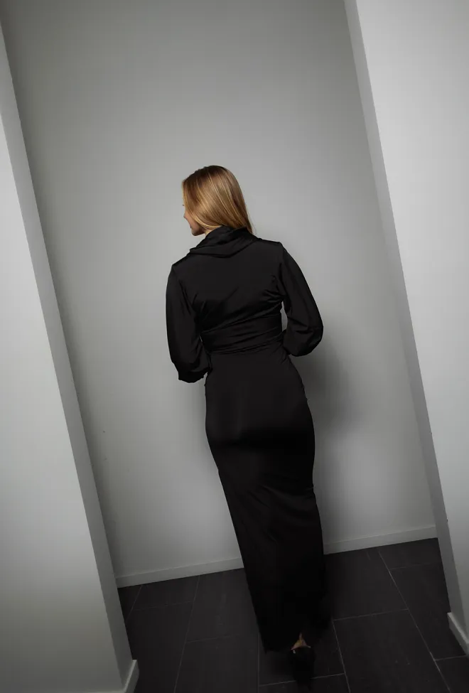 Rotate Slinky Hooded Dress Black maxikjole 7