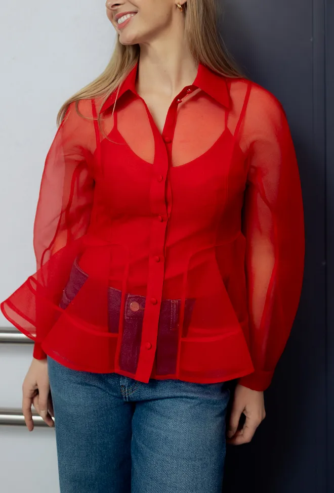 GANNI Textured Organza Peplum Shirt Mars Red bluse 5