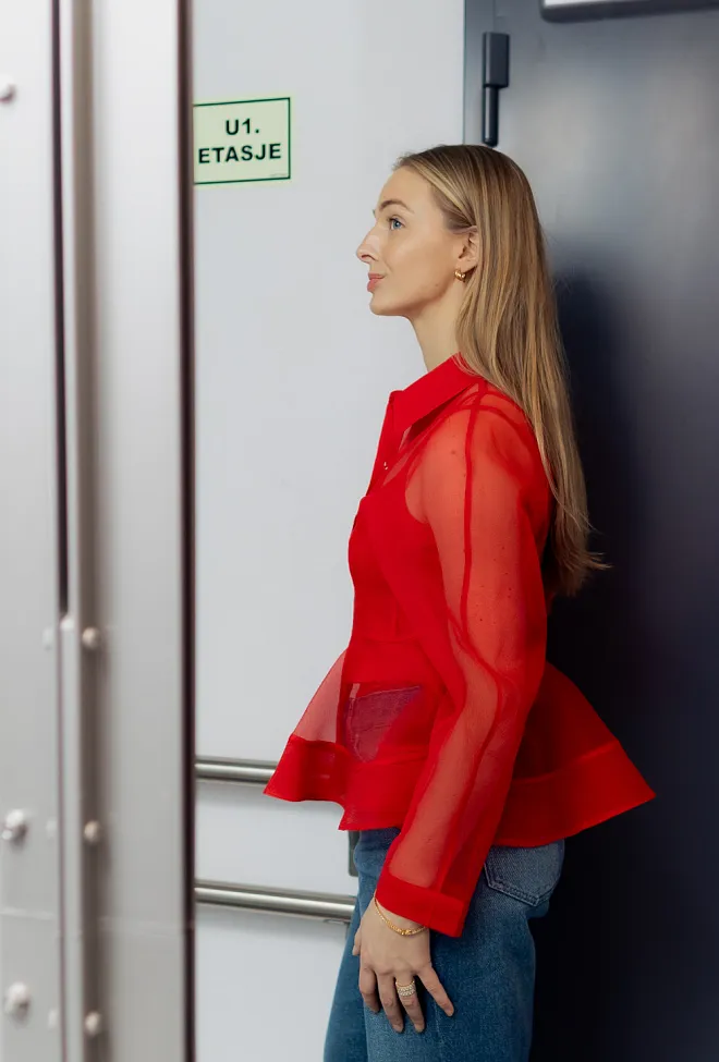 GANNI Textured Organza Peplum Shirt Mars Red bluse 6