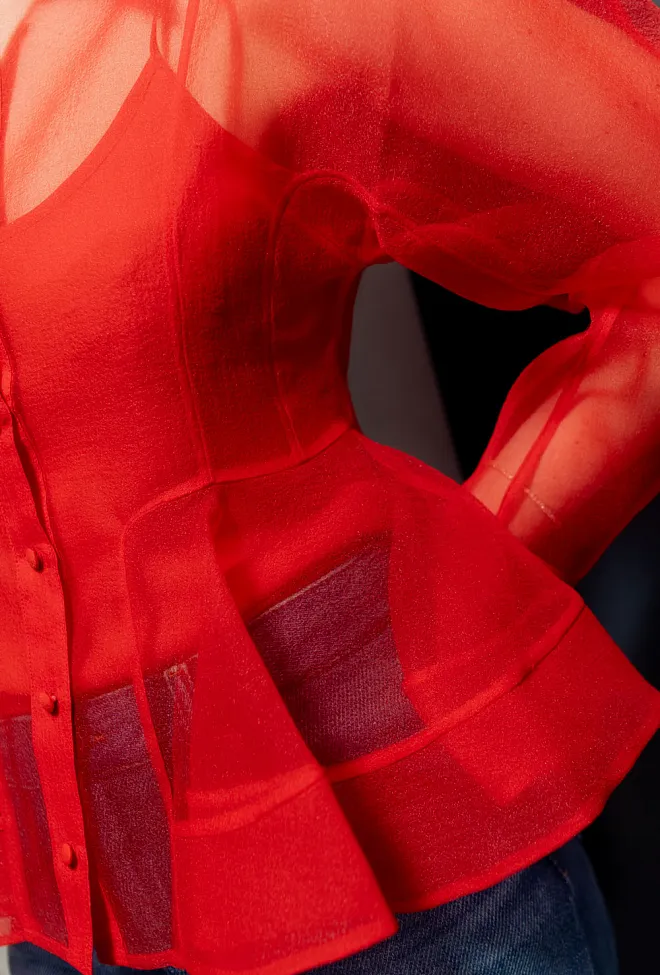 GANNI Textured Organza Peplum Shirt Mars Red bluse 8