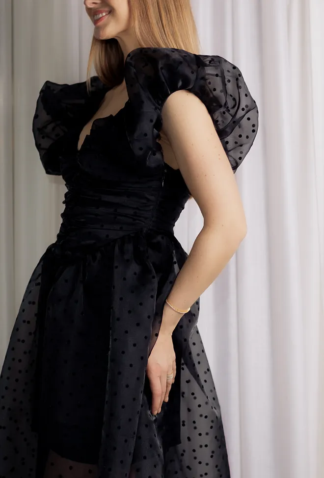 GANNI Flocked Organza Long Ruched Dress Black kjole 7