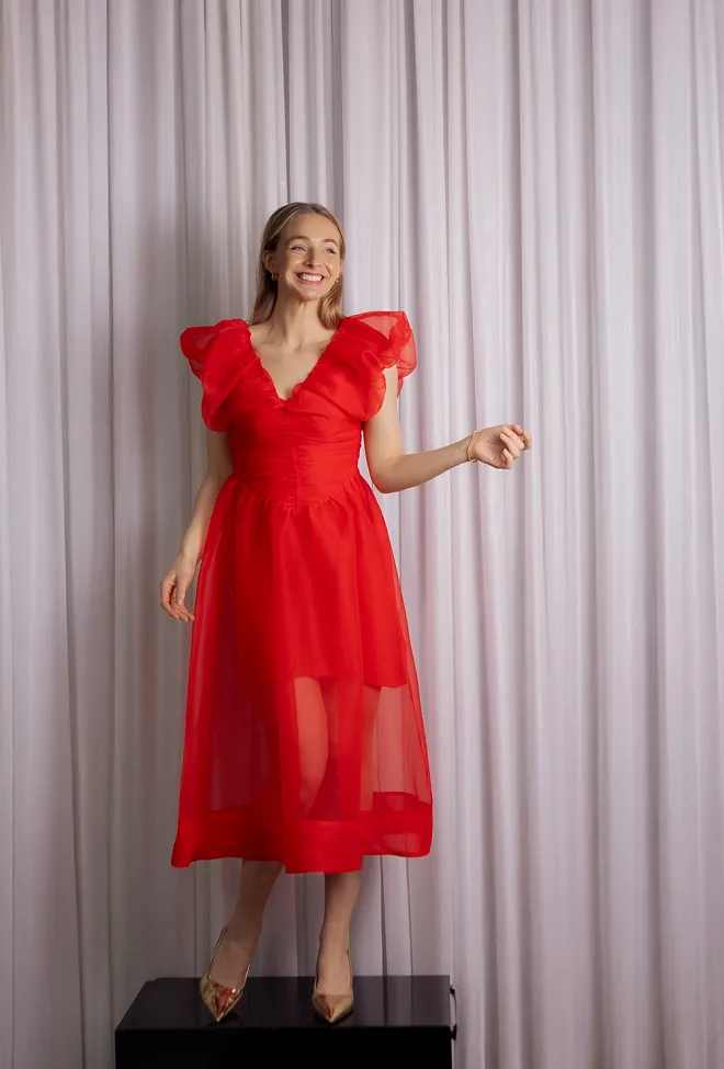GANNI Textured Organza Long Ruched Dress Mars Red kjole