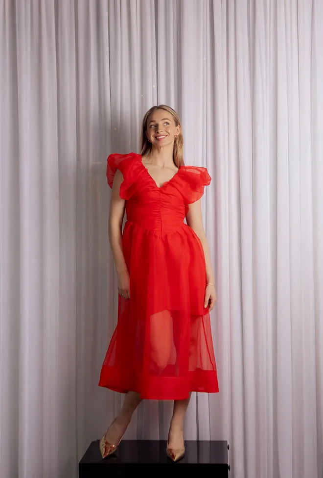 GANNI Textured Organza Long Ruched Dress Mars Red kjole 2