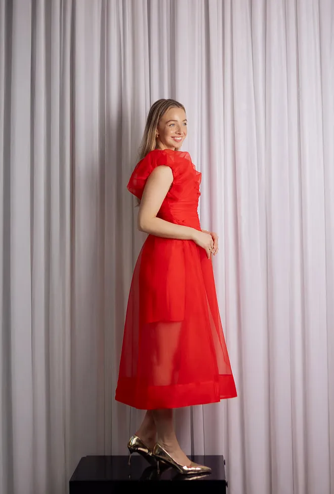 GANNI Textured Organza Long Ruched Dress Mars Red kjole 3