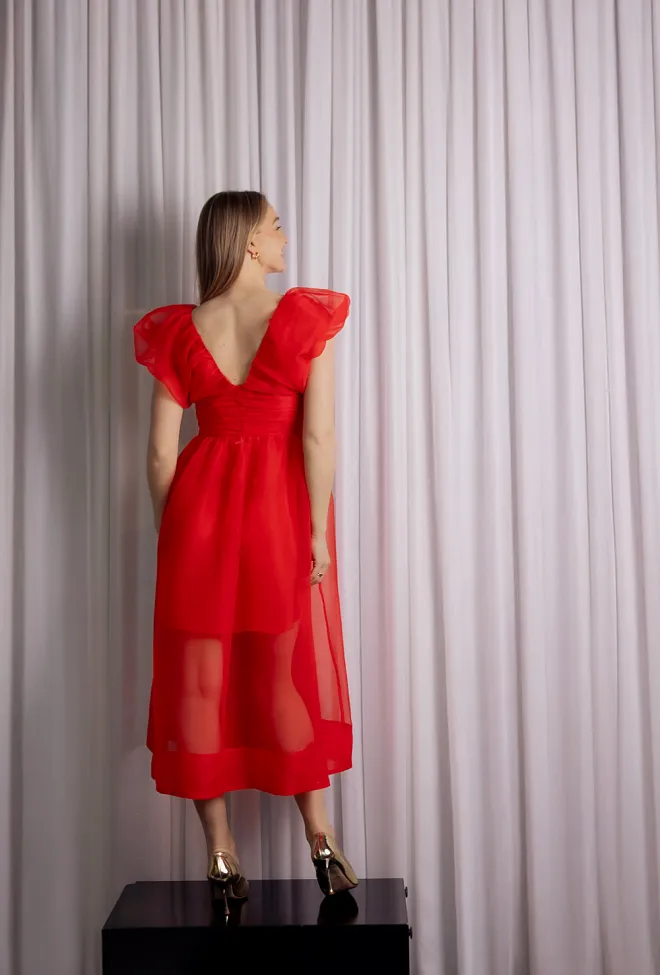 GANNI Textured Organza Long Ruched Dress Mars Red kjole 4