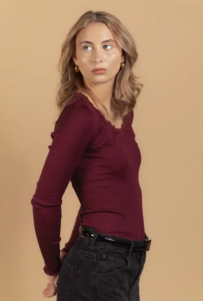 Rosemunde RW Babette Silk LS U-Neck Lace T-Shirt Tawny Port genser 2