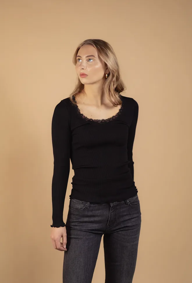 Rosemunde RW Babette Silk LS U-Neck Lace T-Shirt Black genser
