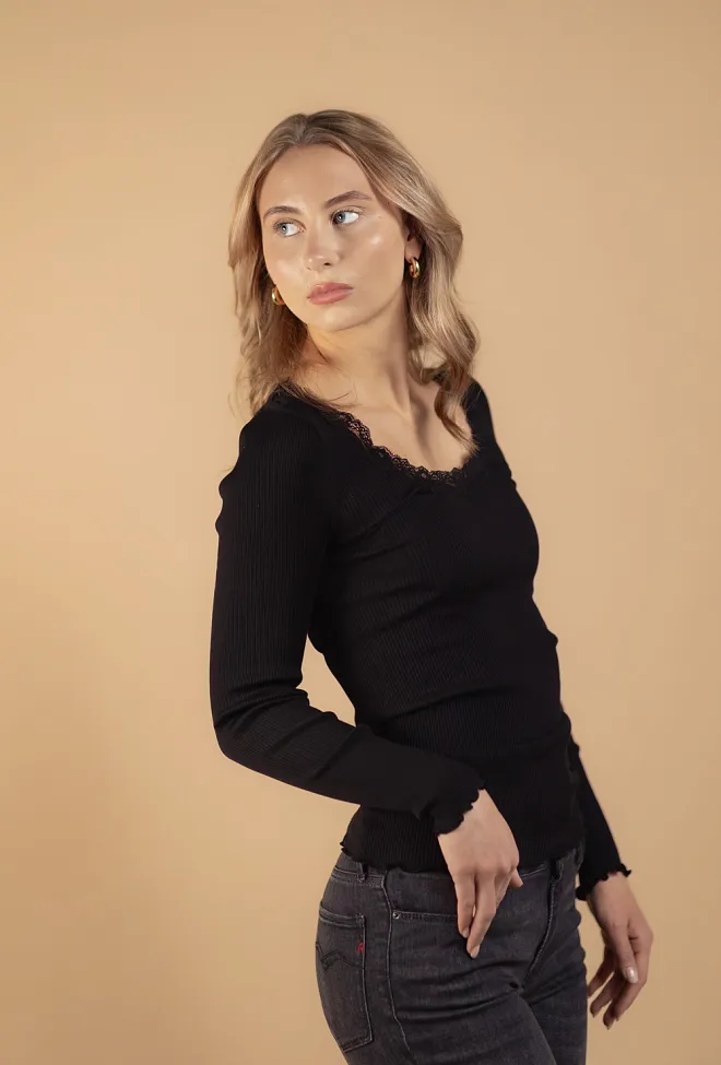 Rosemunde RW Babette Silk LS U-Neck Lace T-Shirt Black genser 2