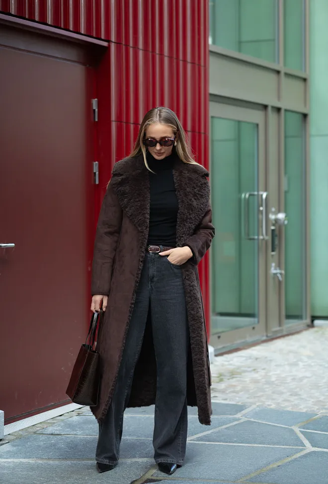 Clermonte Elin Shearling Long Faux Coat Brown fuskepels kåpe 2