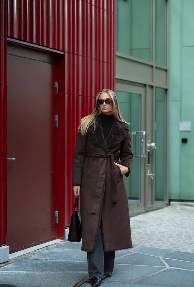 Clermonte Elin Shearling Long Faux Coat Brown fuskepels kåpe