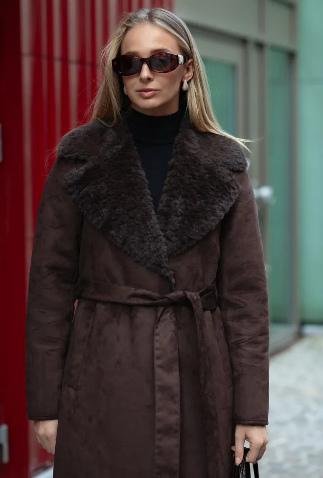 Clermonte Elin Shearling Long Faux Coat Brown fuskepels kåpe 3