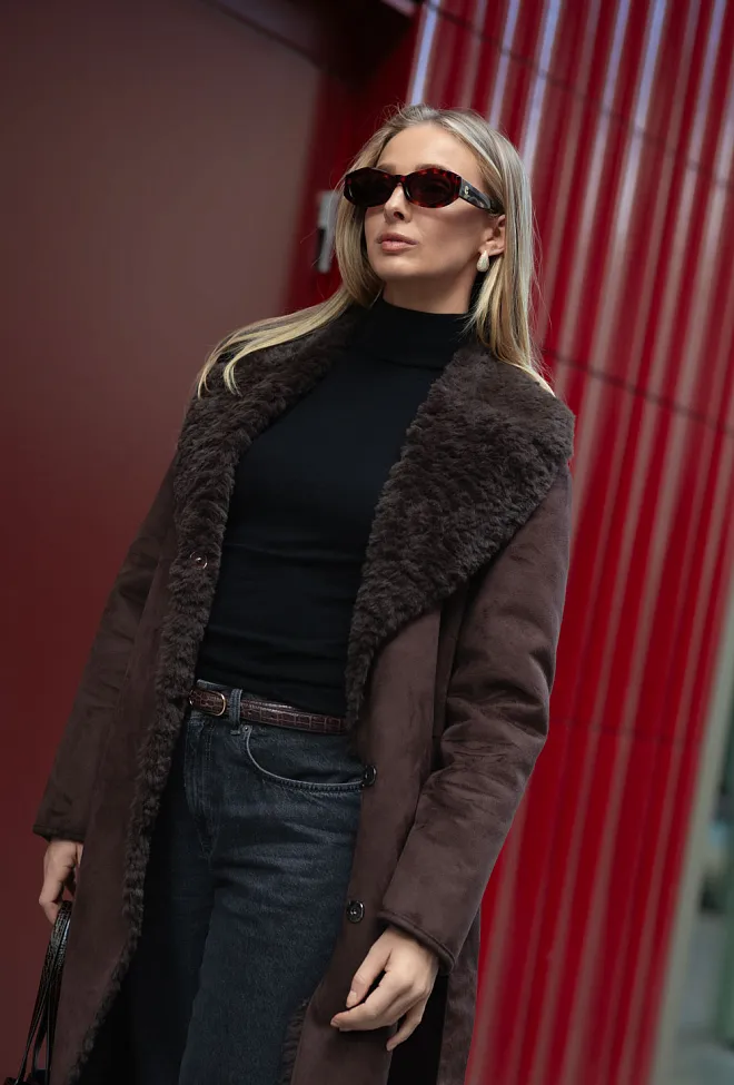 Clermonte Elin Shearling Long Faux Coat Brown fuskepels kåpe 8