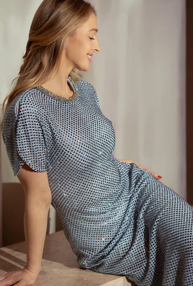 Self-Portrait Rhinestone Mesh Midi Dress Blue festkjole 2